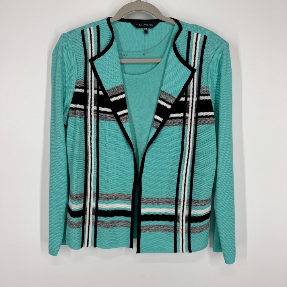 Ming Wang Women's PM Cardigan Jacket Tank Top Set Blue Black White